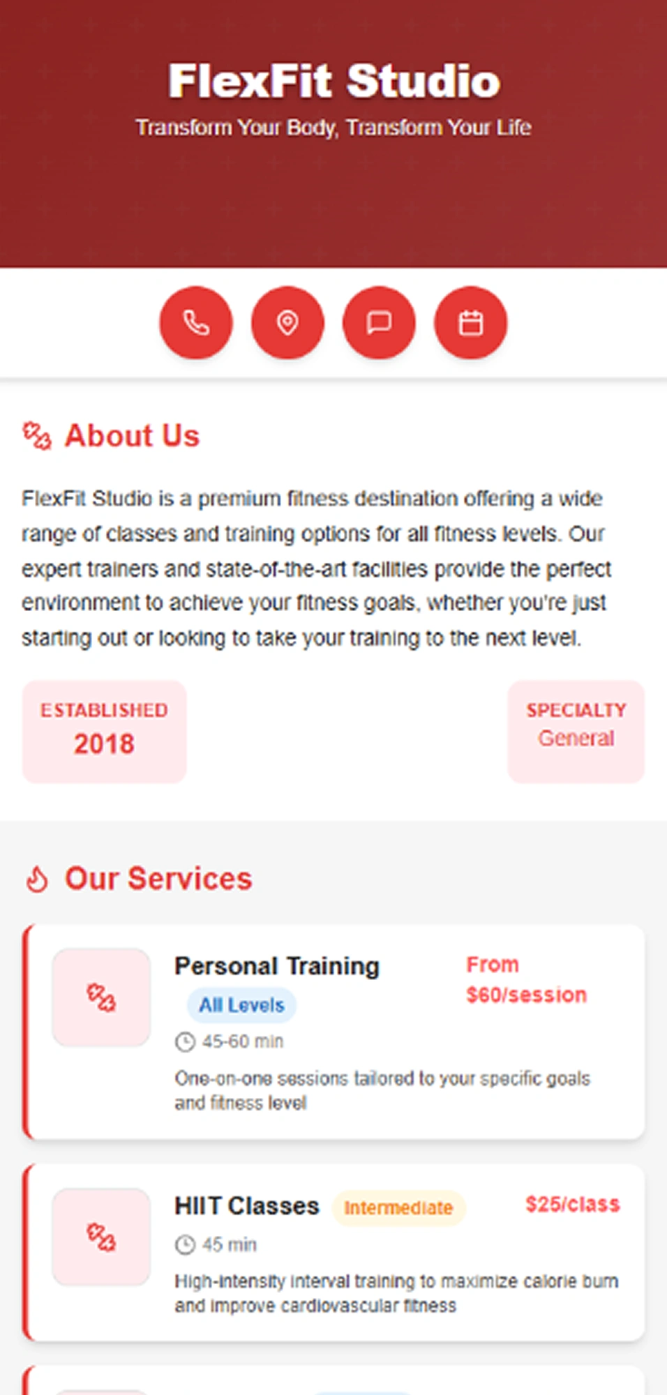 Digital business card for fitness studio