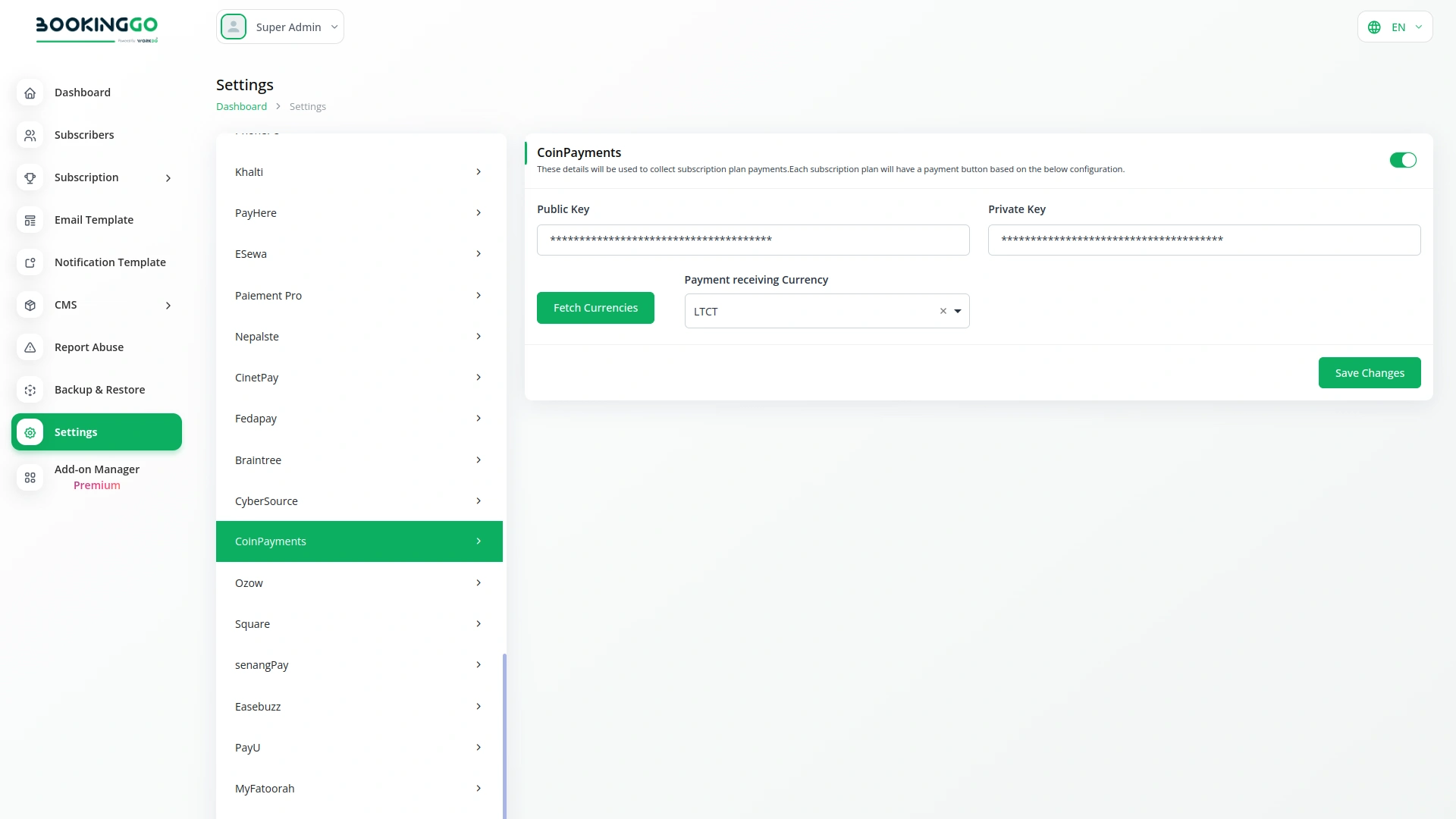 CoinPayments – BookingGo SaaS Add-On