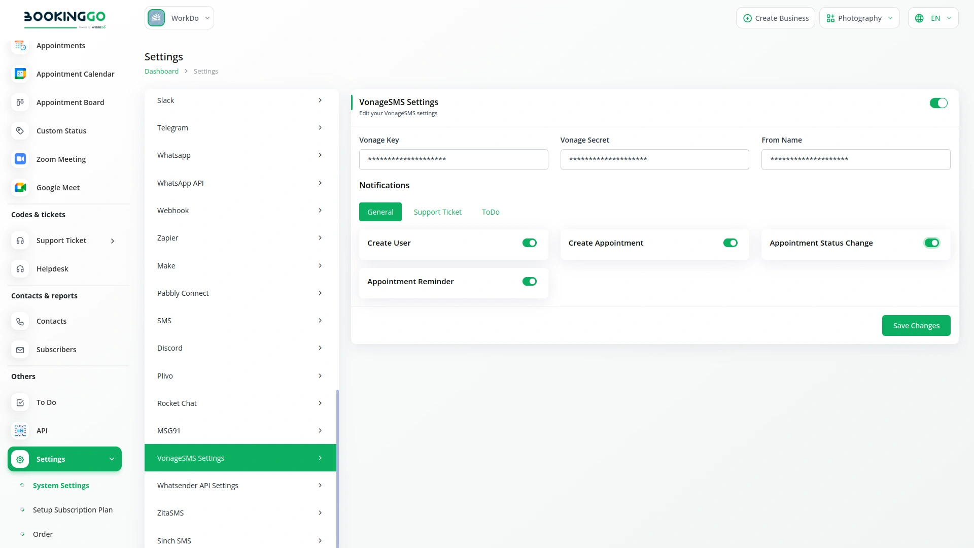 VonageSMS – BookingGo SaaS Add-On