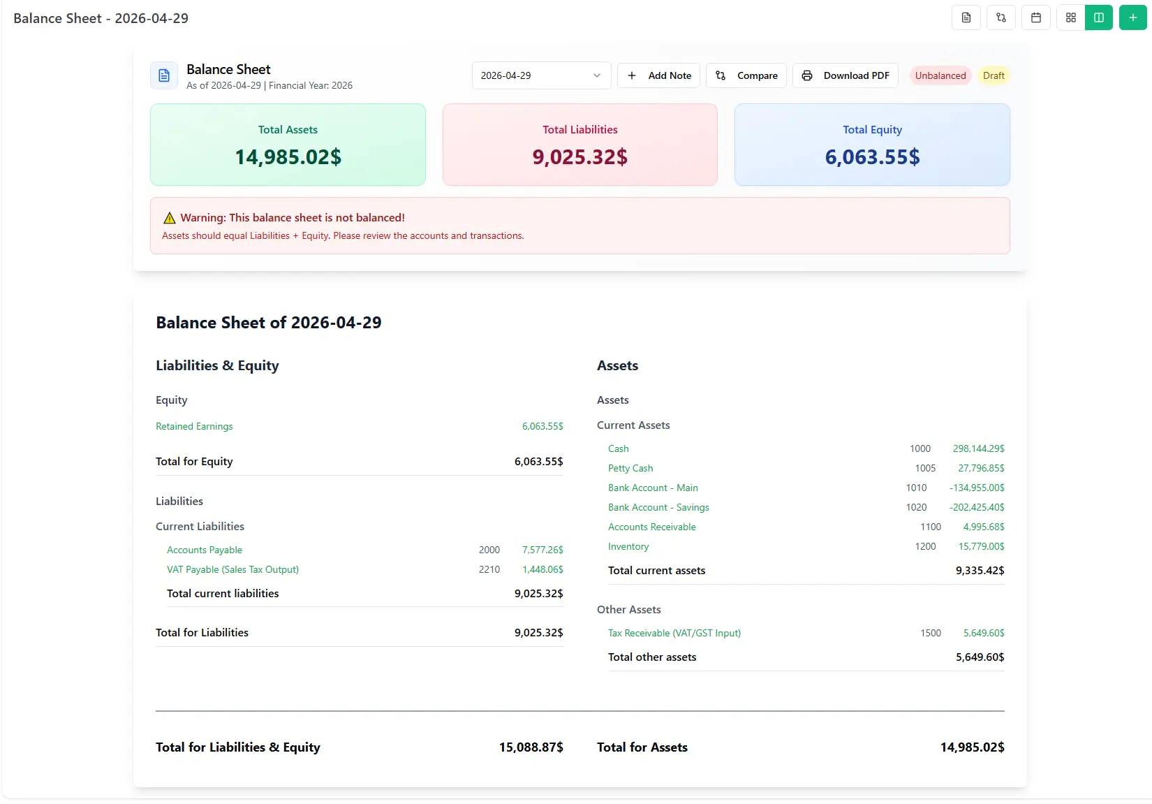 accounting software balance sheet