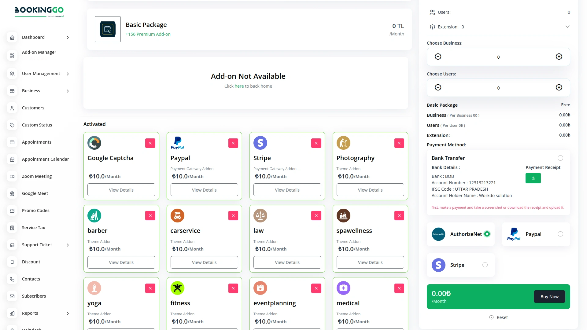AuthorizeNet – BookingGo SaaS Add-On