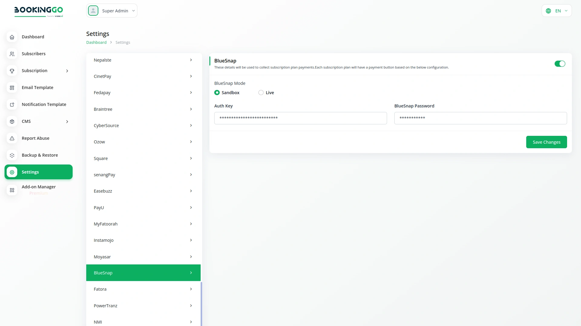 BlueSnap – BookingGo SaaS Add-On