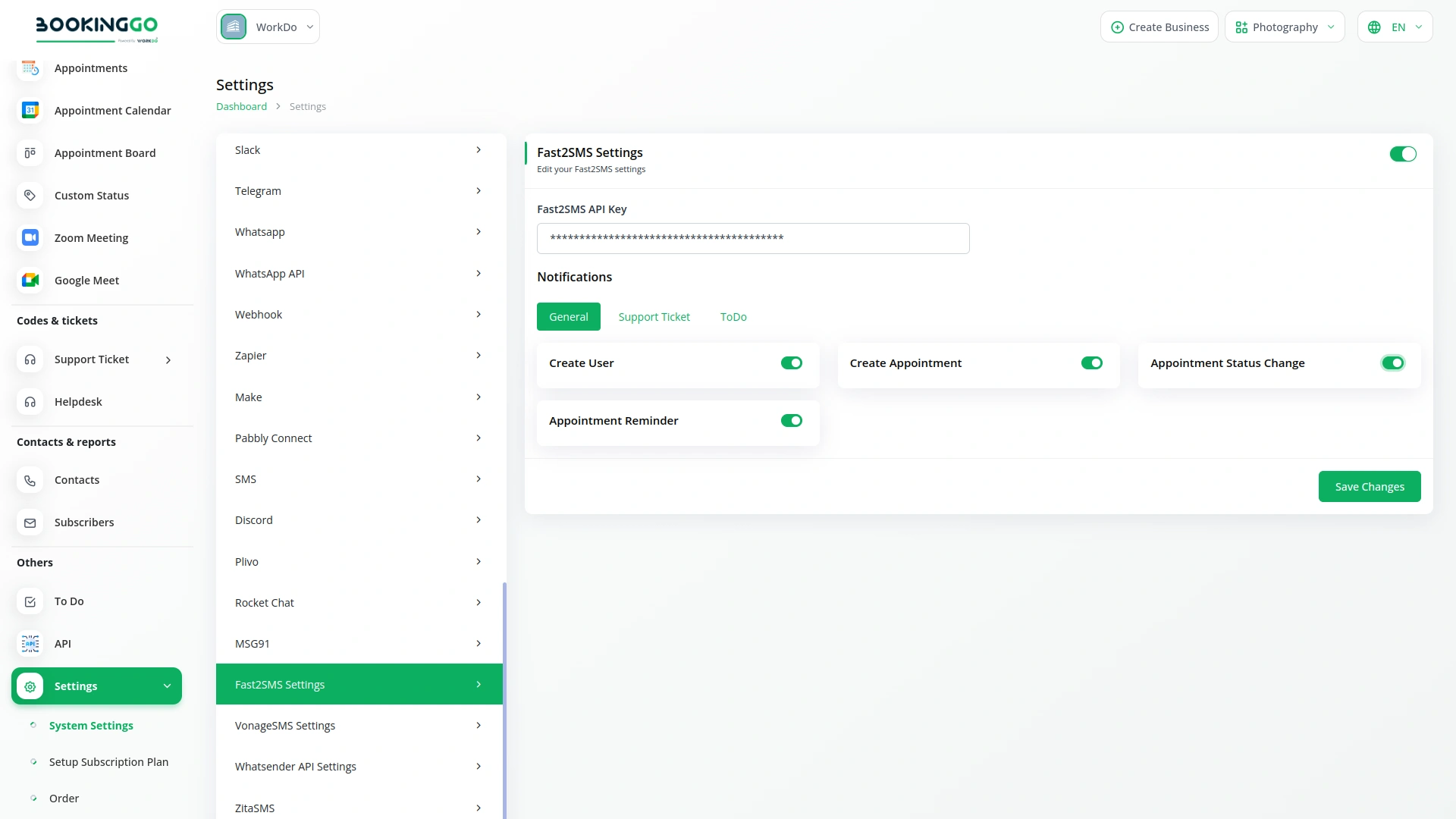 Fast2SMS – BookingGo SaaS Add-On