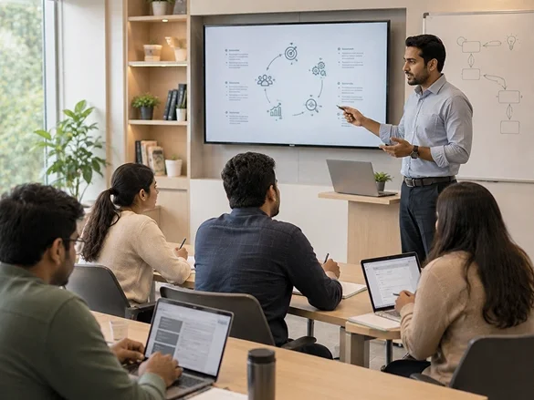 Teacher presenting to students in a modern classroom