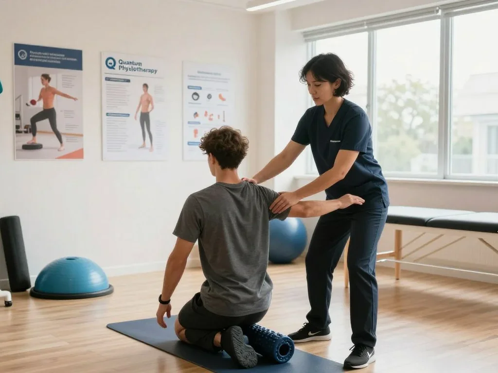 Physiotherapist helping a patient at a bright clinic