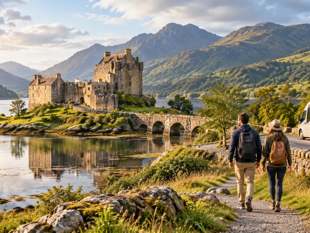 Travelers walking to a castle by a mountain lake