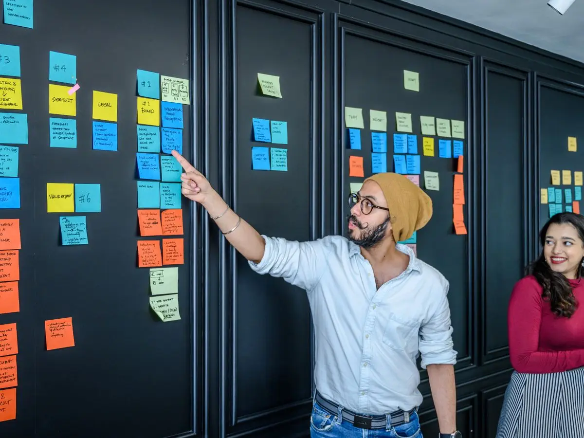 Team planning ideas with sticky notes on a wall