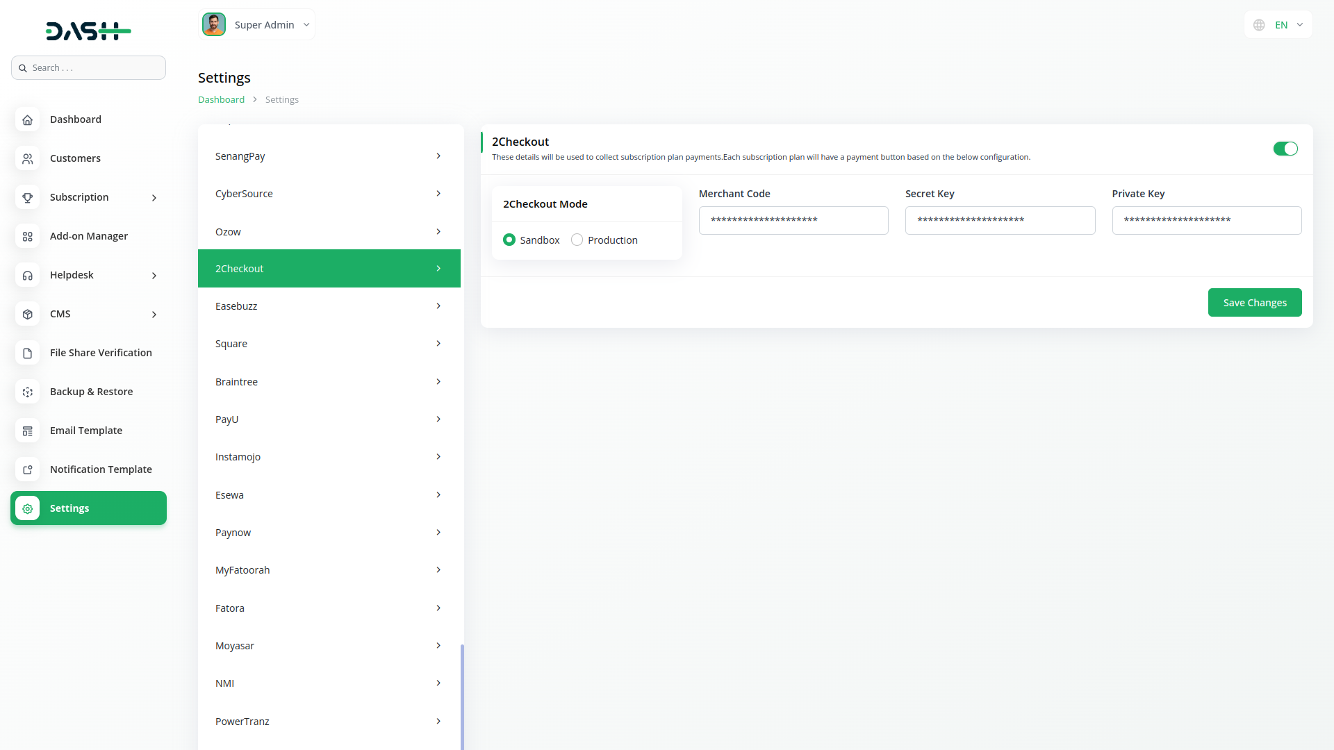 2checkout Integration in Dash SaaS 2Checkout Dash Saas