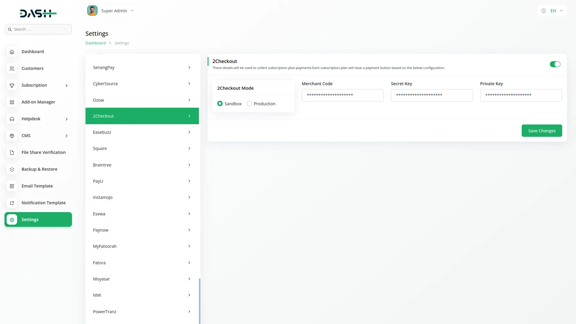 2checkout Integration in Dash SaaS 2Checkout Dash Saas