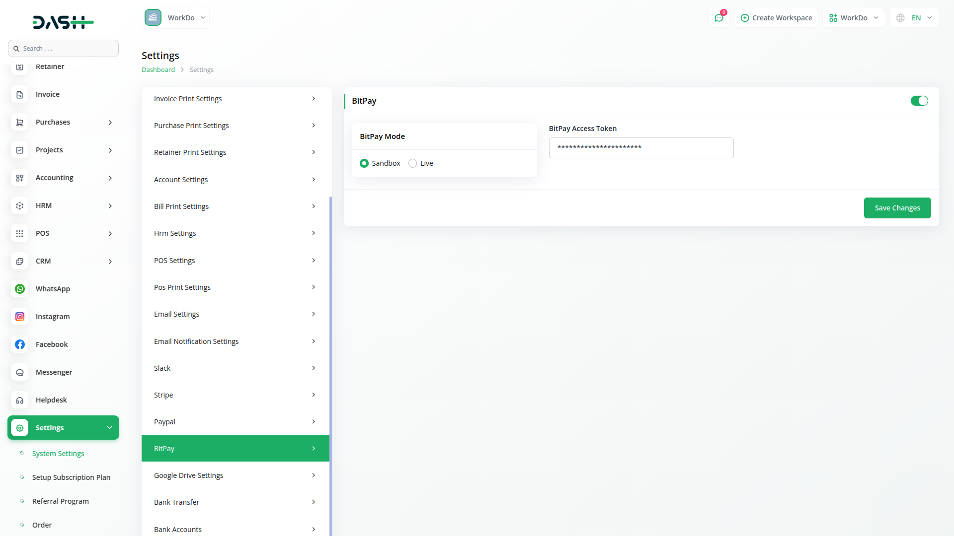 BitPay Integration in Dash SaaS 3 Bitpay Dash3
