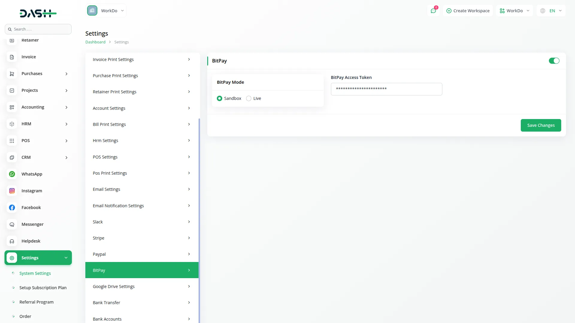 BitPay Integration in Dash SaaS 7 Bitpay Integration
