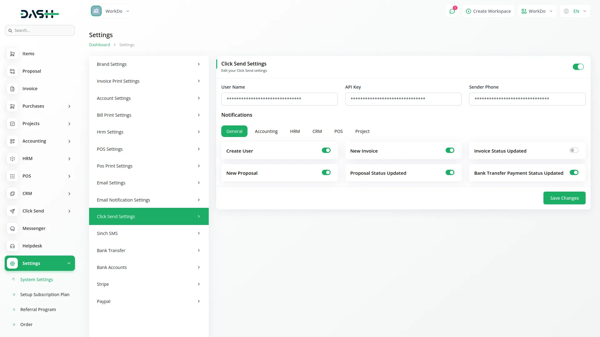 Twilio Integration in Dash SaaS Clicksend