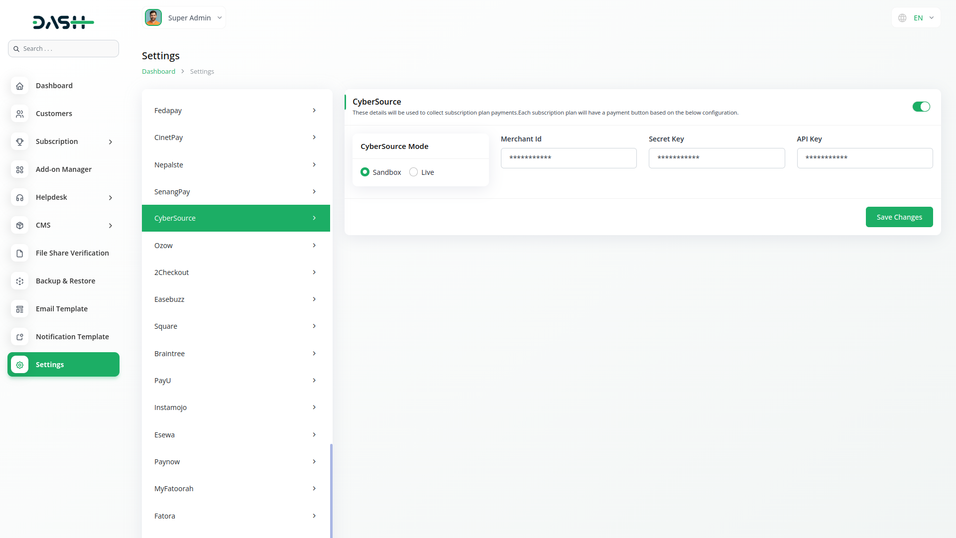 Cysbersource Dash Saas