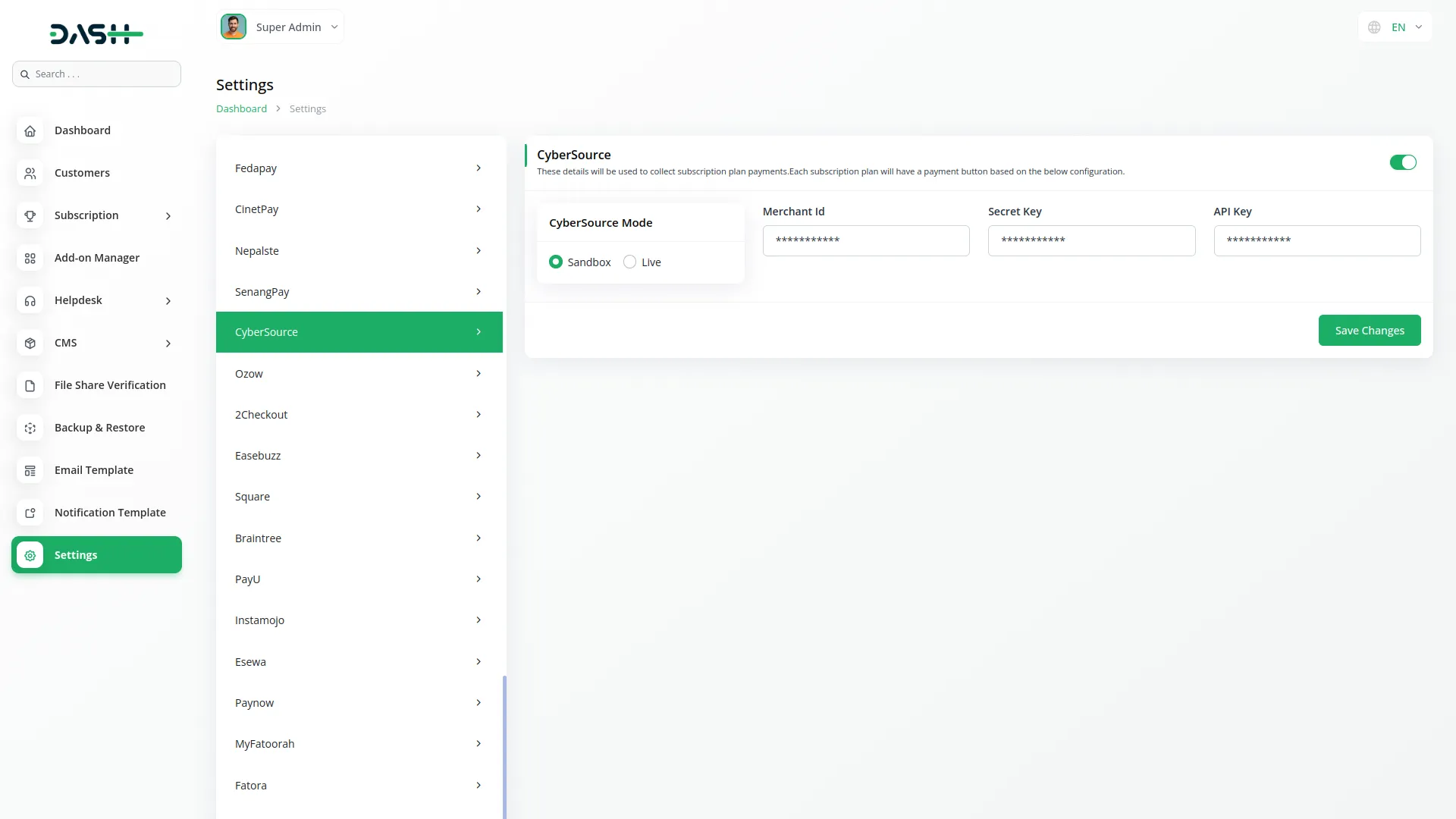 Cysbersource Dash Saas
