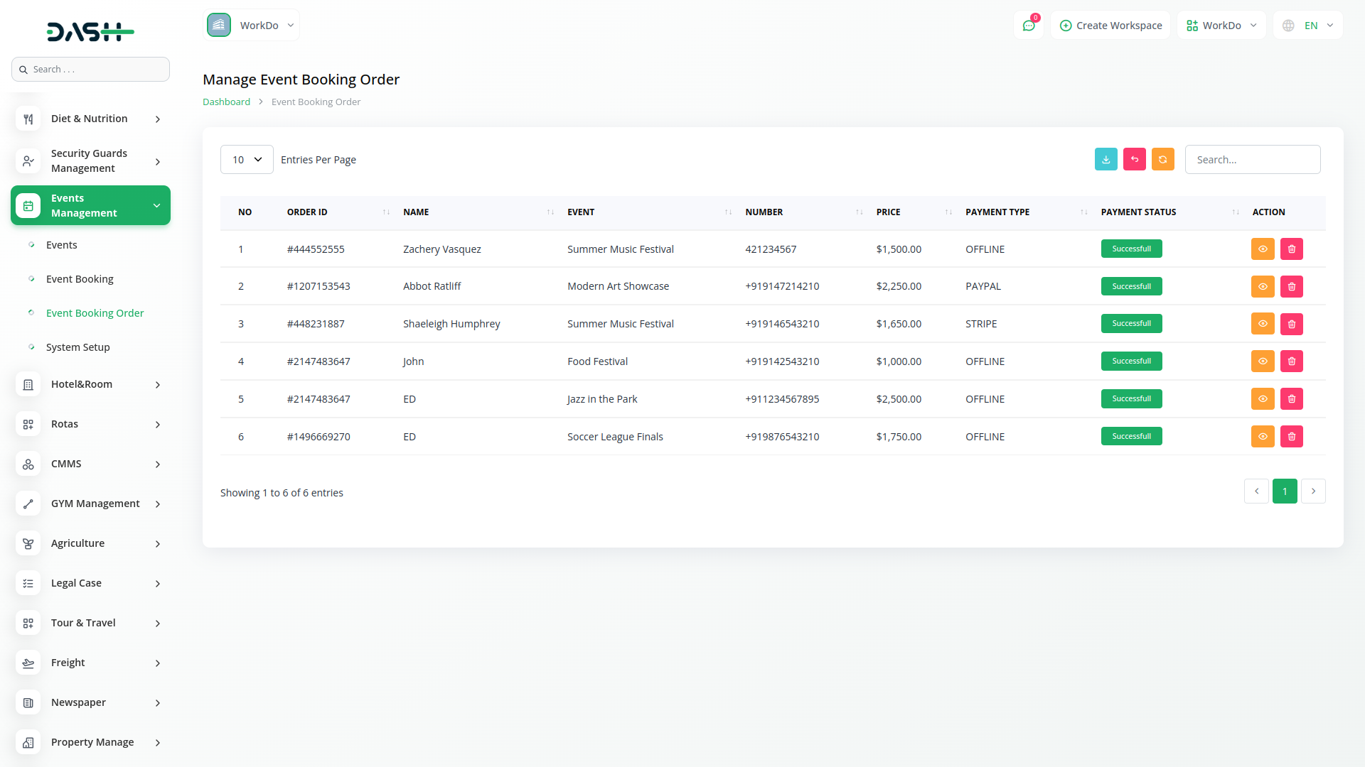 Events Management Dash Saas