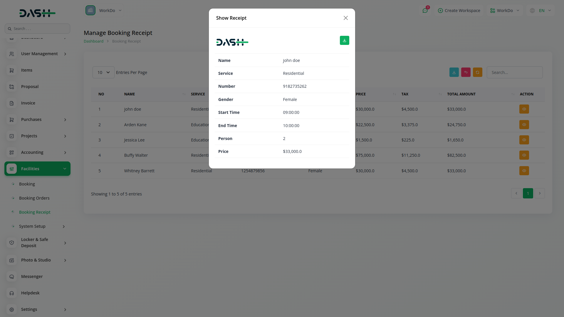 facilities Integration in Dash SaaS Facilities Dash Saas