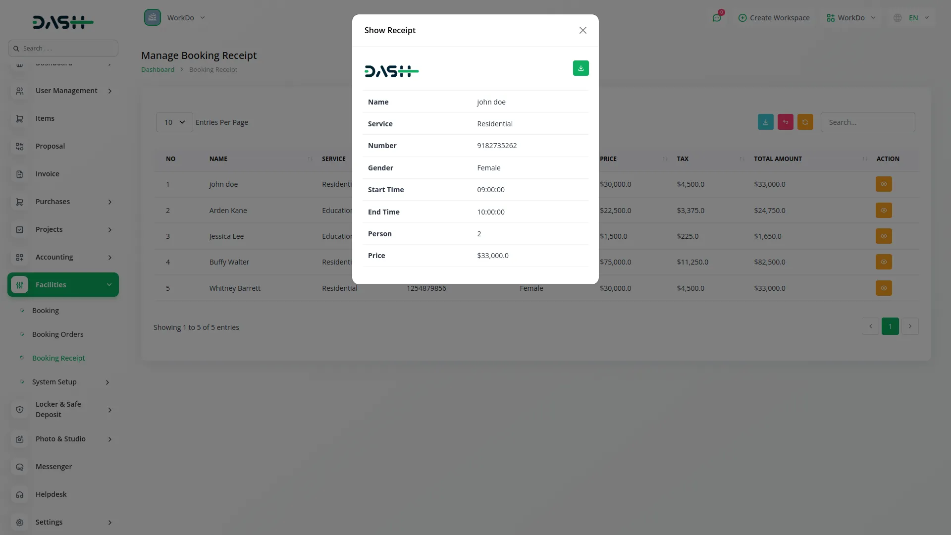 facilities Integration in Dash SaaS Facilities Dash Saas