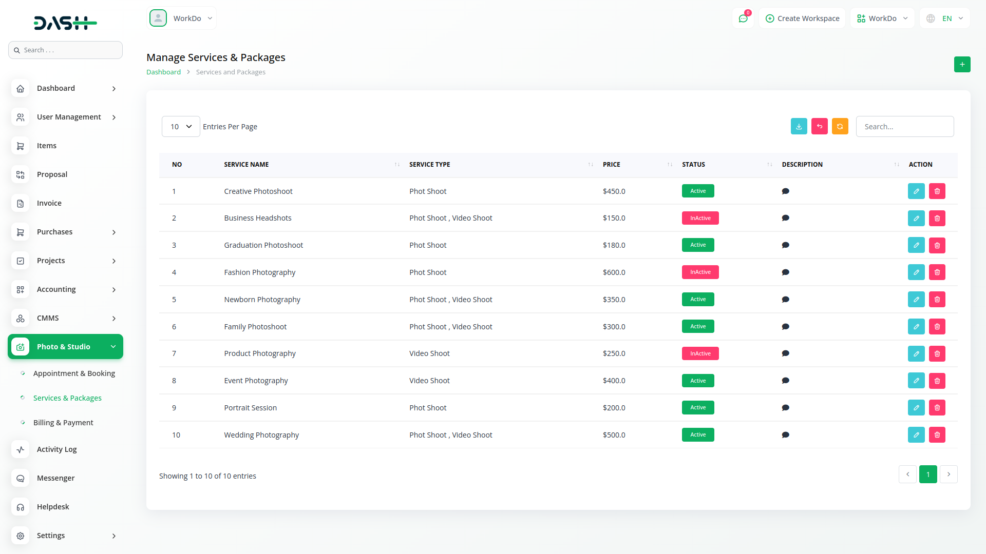 Photo & Studio Management Integration in Dash SaaS Photo & Studio Management Dash Saas