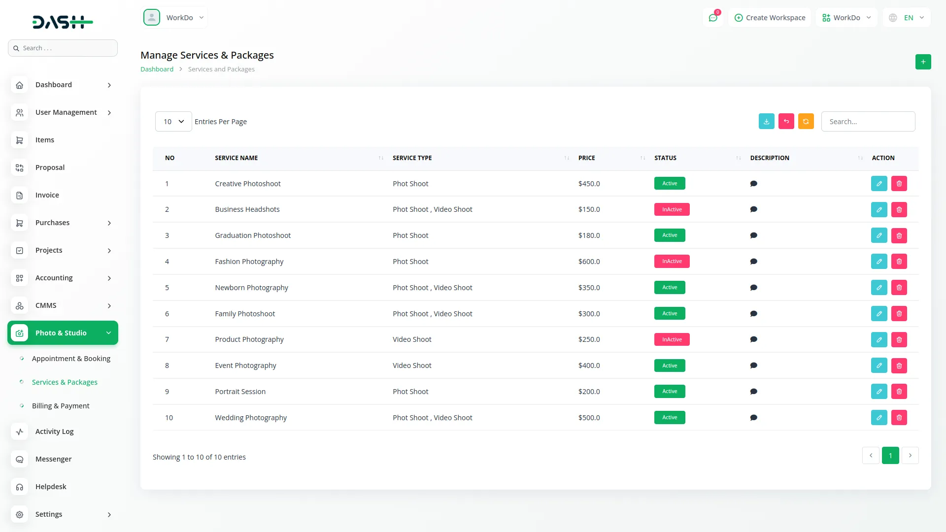 Photo & Studio Management Integration in Dash SaaS Photo & Studio Management Dash Saas