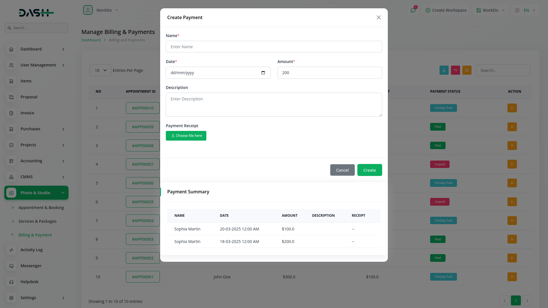 Photo & Studio Management Integration in Dash SaaS Photo & Studio Management Dash Saas