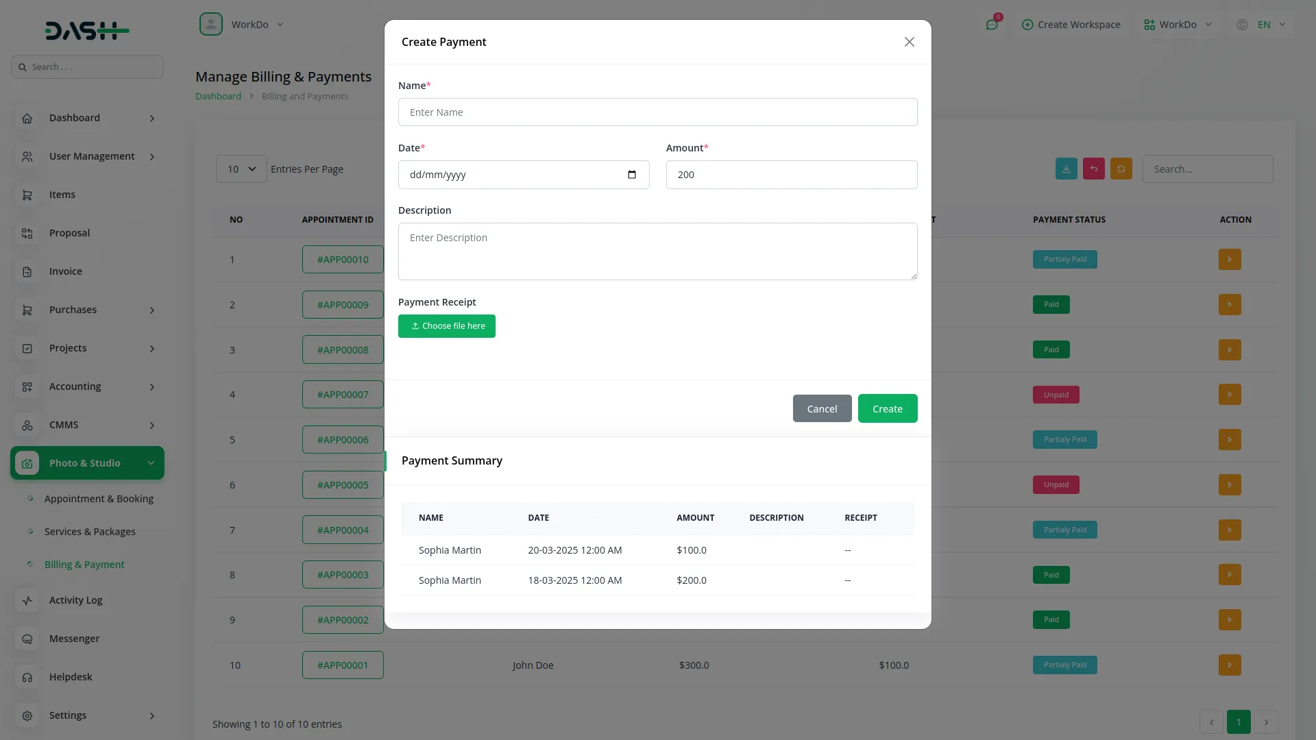 Photo & Studio Management Integration in Dash SaaS Photo & Studio Management Dash Saas