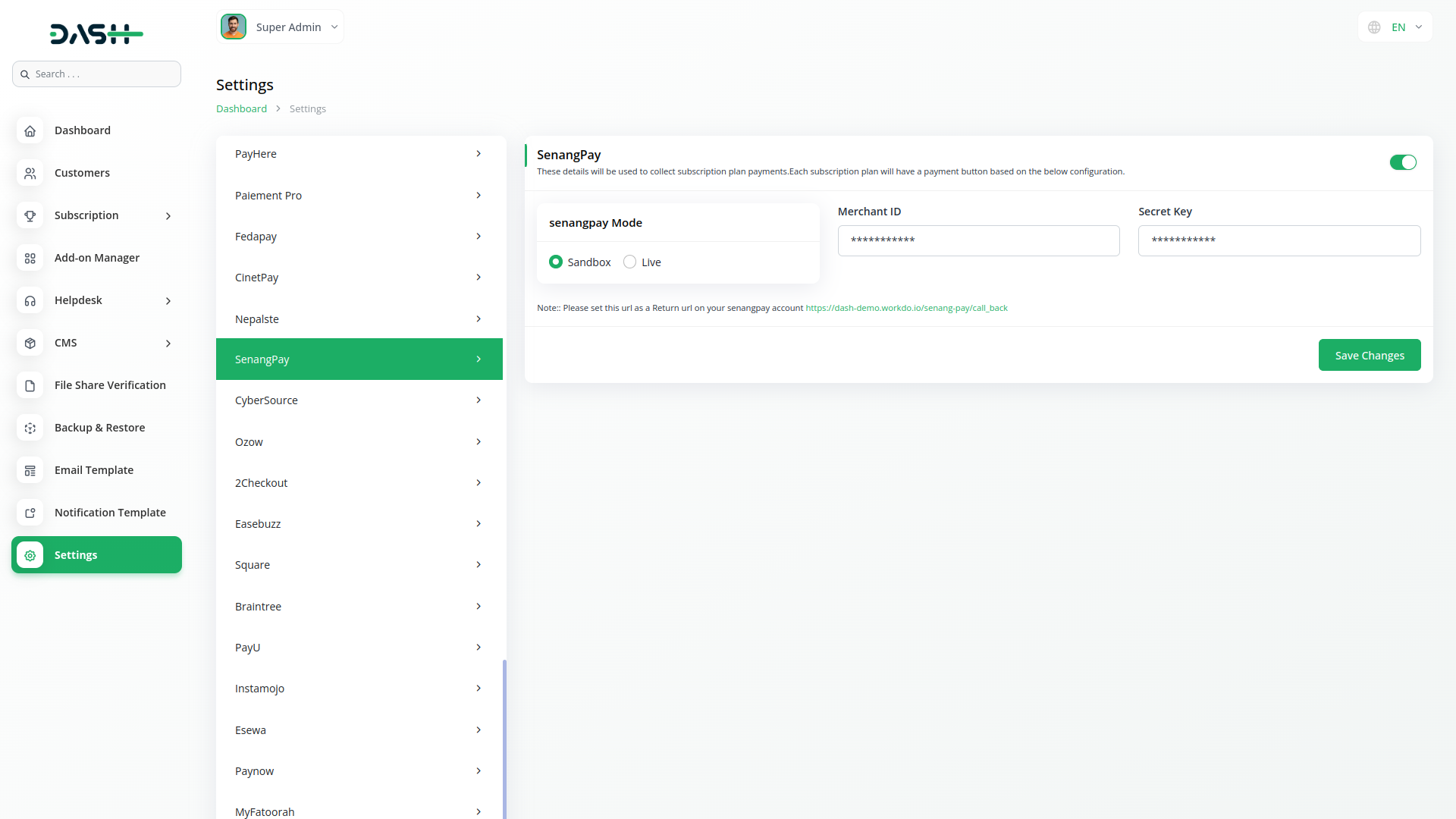 senangpay Integration in Dash SaaS Senangpay Dash Saas