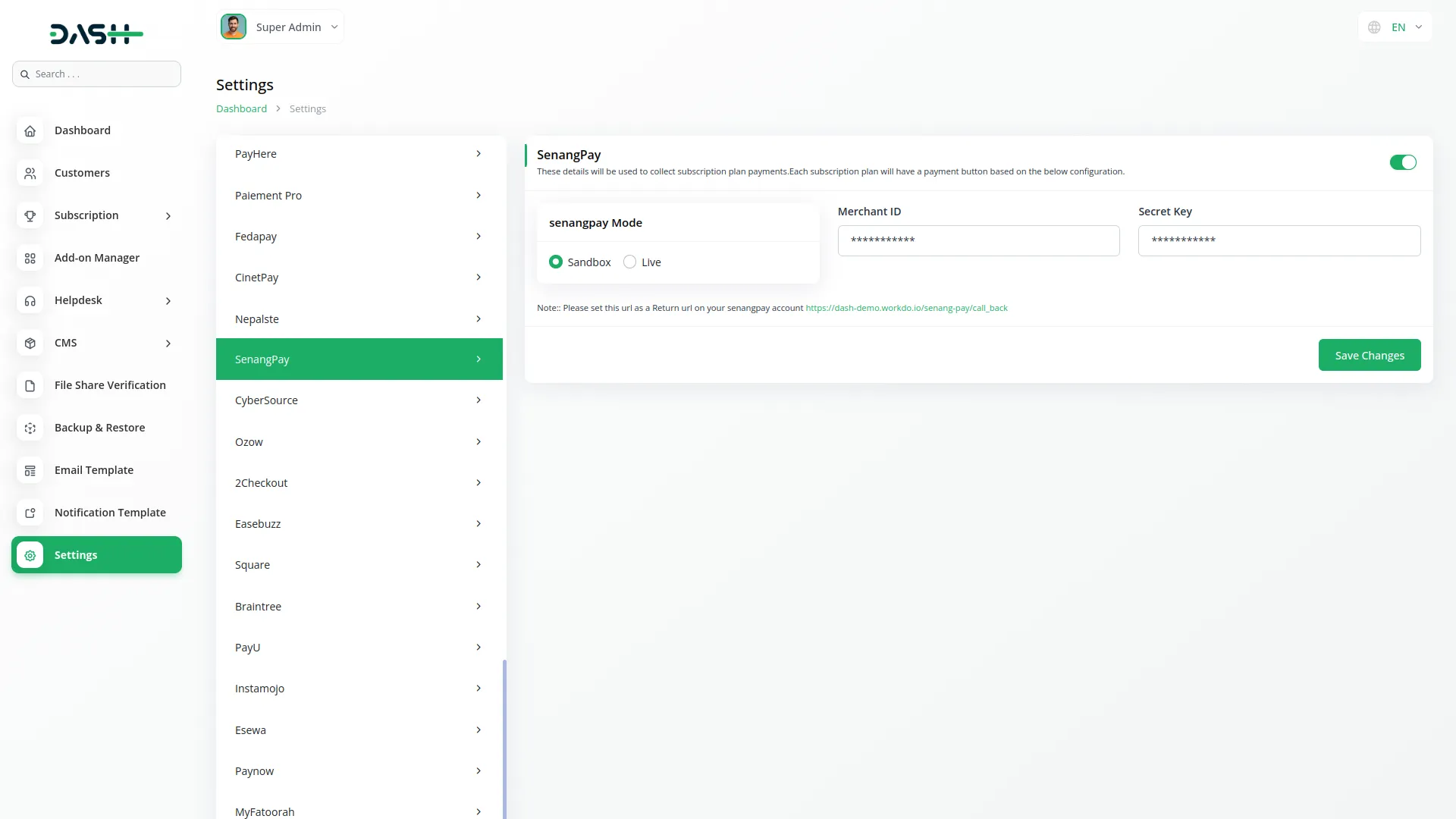 senangpay Integration in Dash SaaS Senangpay Dash Saas