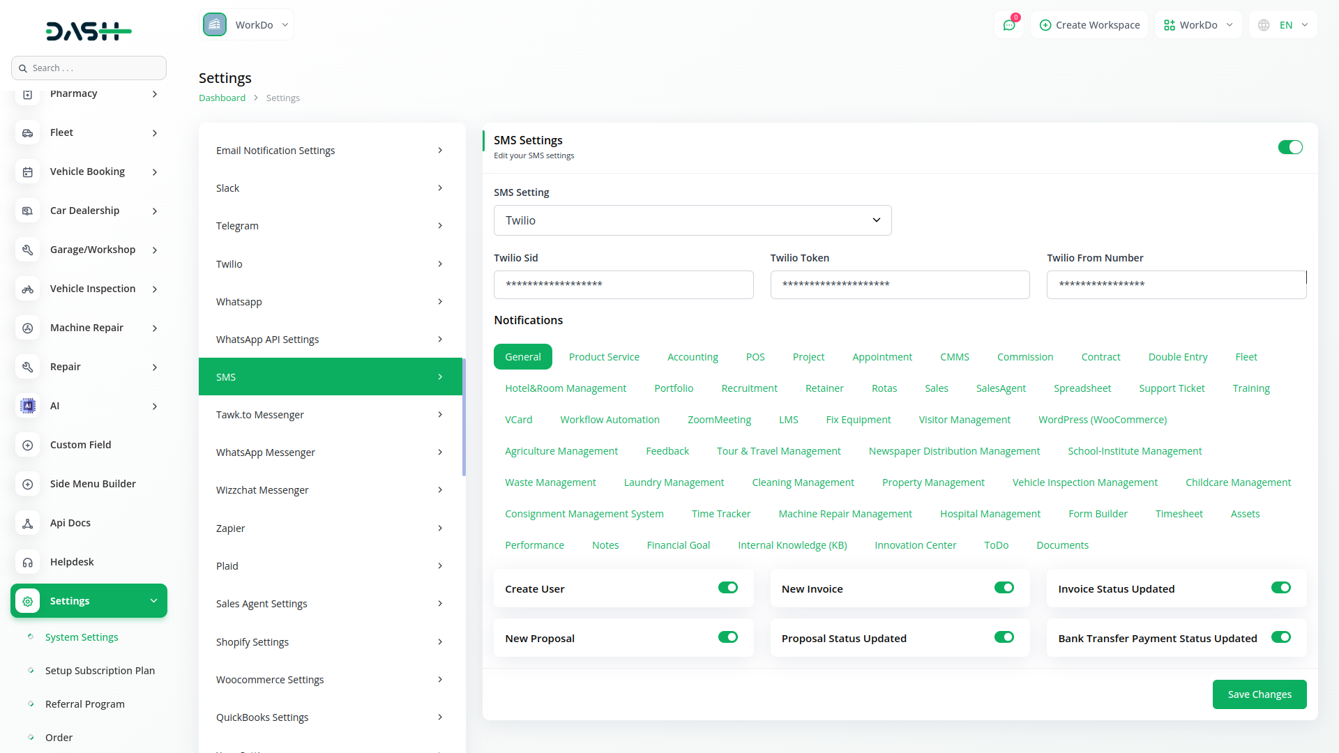 SMS Integration in Dash SaaS Sms Dash Saas