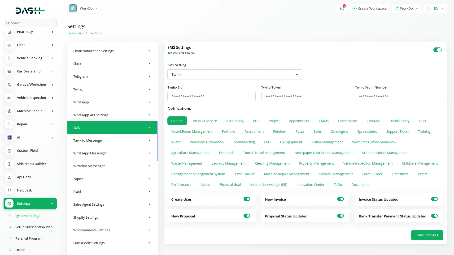 SMS Integration in Dash SaaS Sms Dash Saas