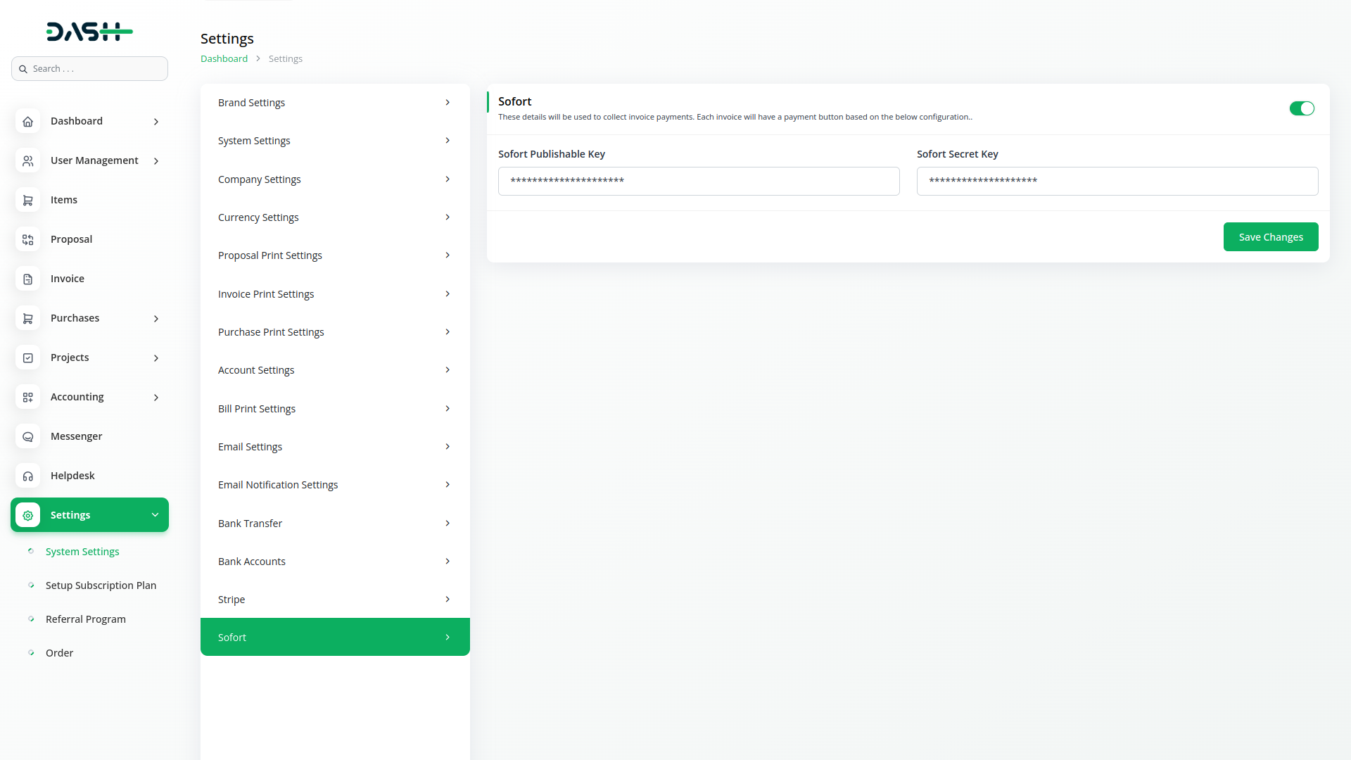 Sofort Integration in Dash SaaS Sofort Dash Saas