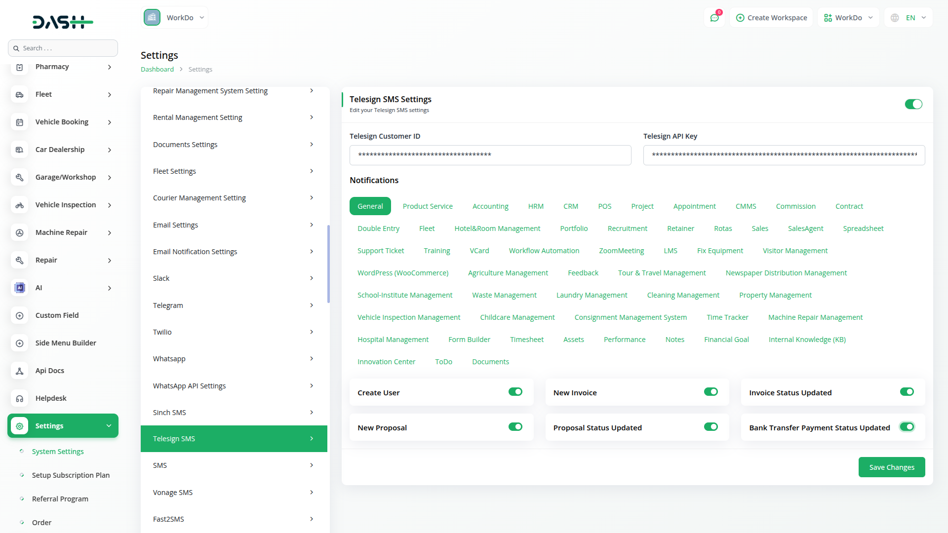 Telesign Sms Integration In Dash Saas