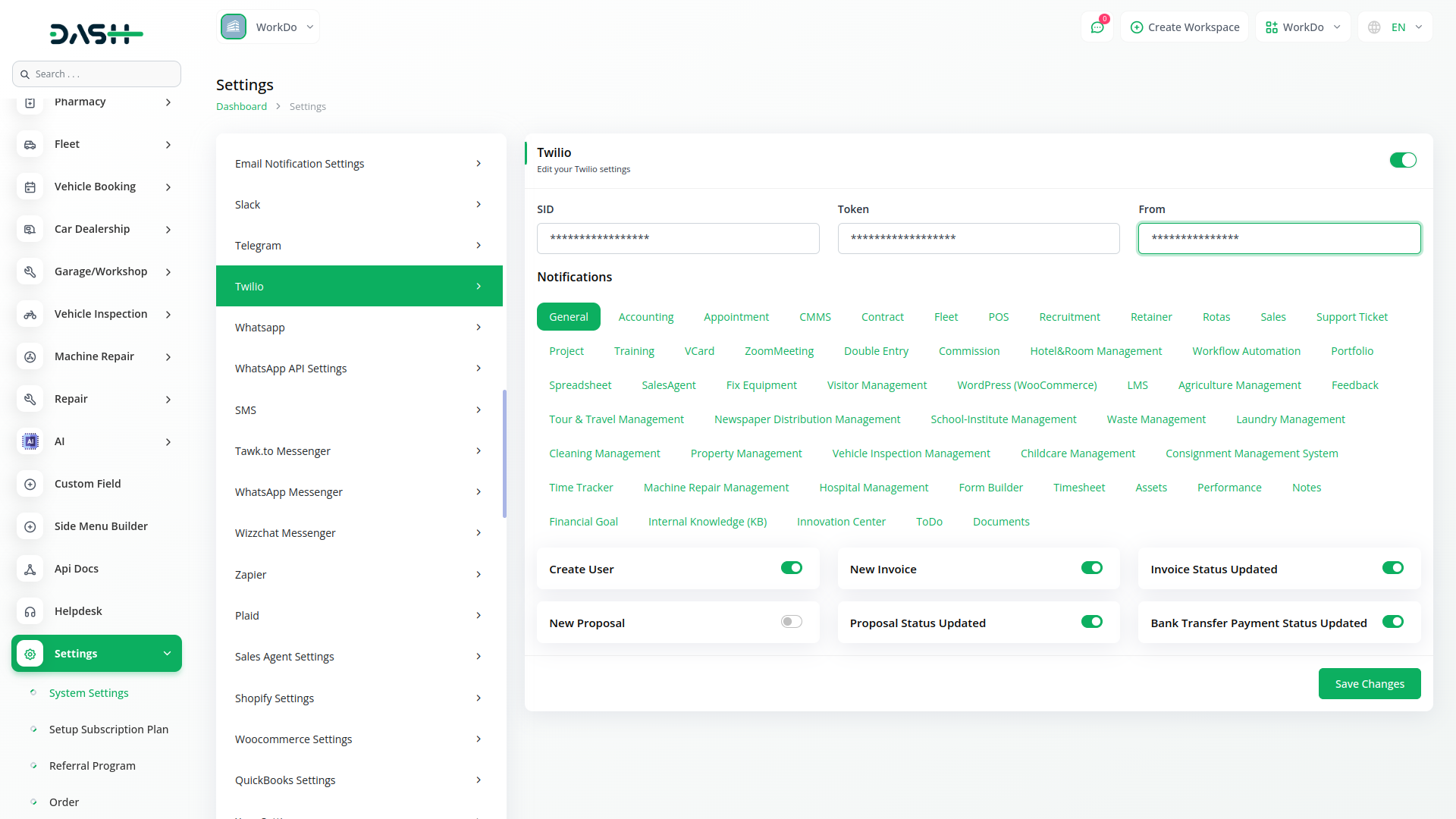 Twilio Integration in Dash SaaS Twilio Dash Saas