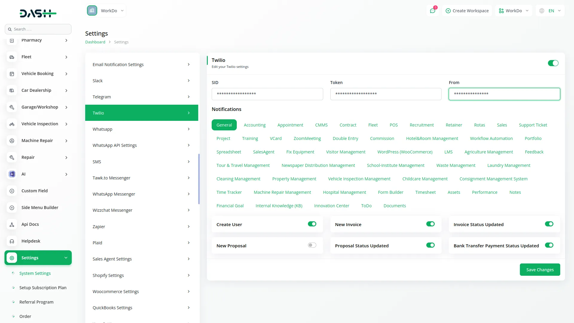 Twilio Integration in Dash SaaS Twilio Dash Saas