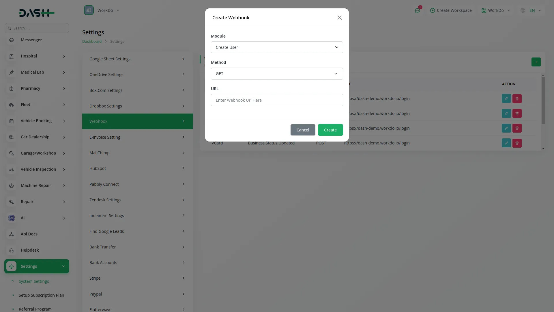 Webhook Dash Saas