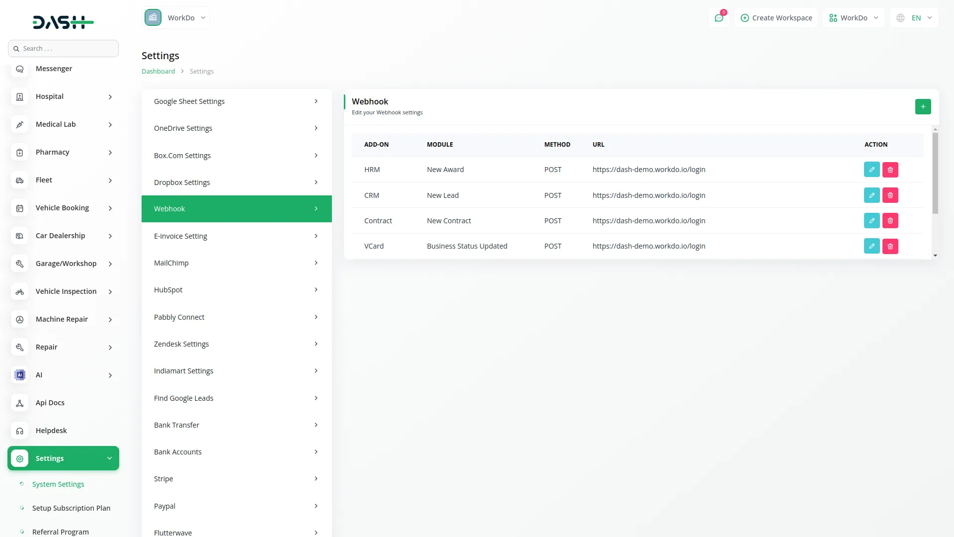 Webhook Dash Saas