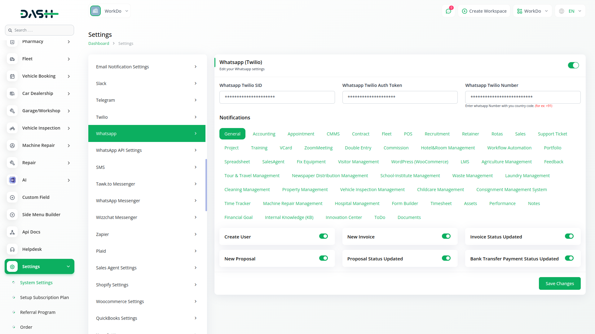 WhatsApp twillo Dash SaaS Google Drive Dash Saas