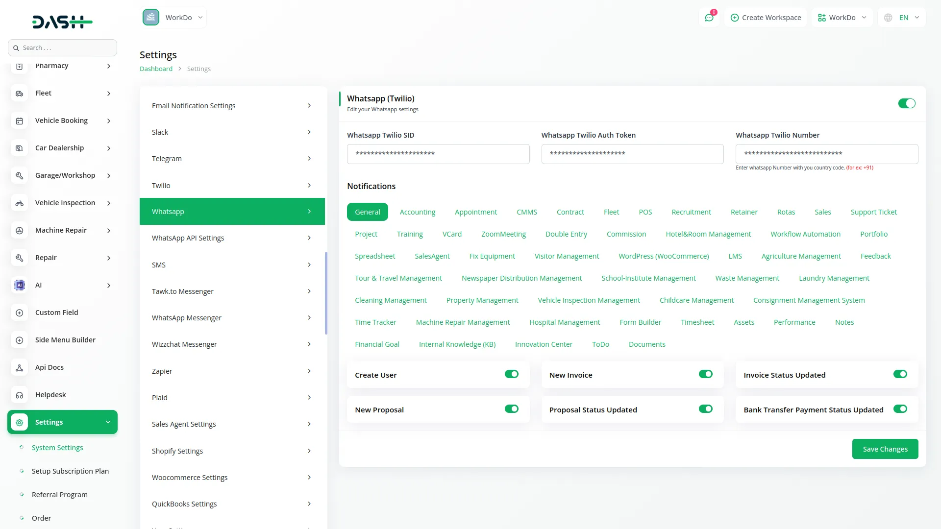 WhatsApp twillo Dash SaaS Google Drive Dash Saas