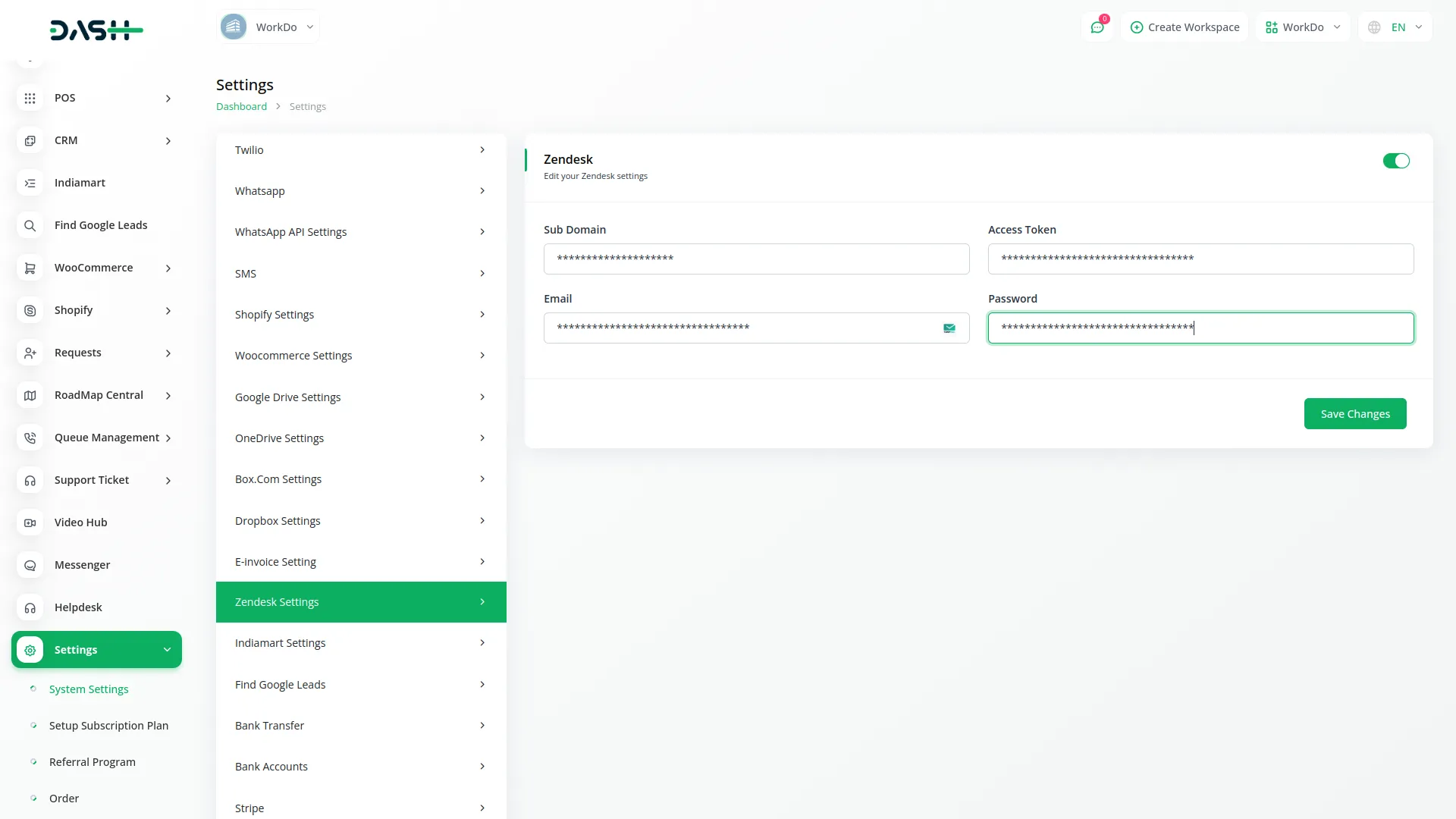 zendesk integration in Dash SaaS Zendesk Integration