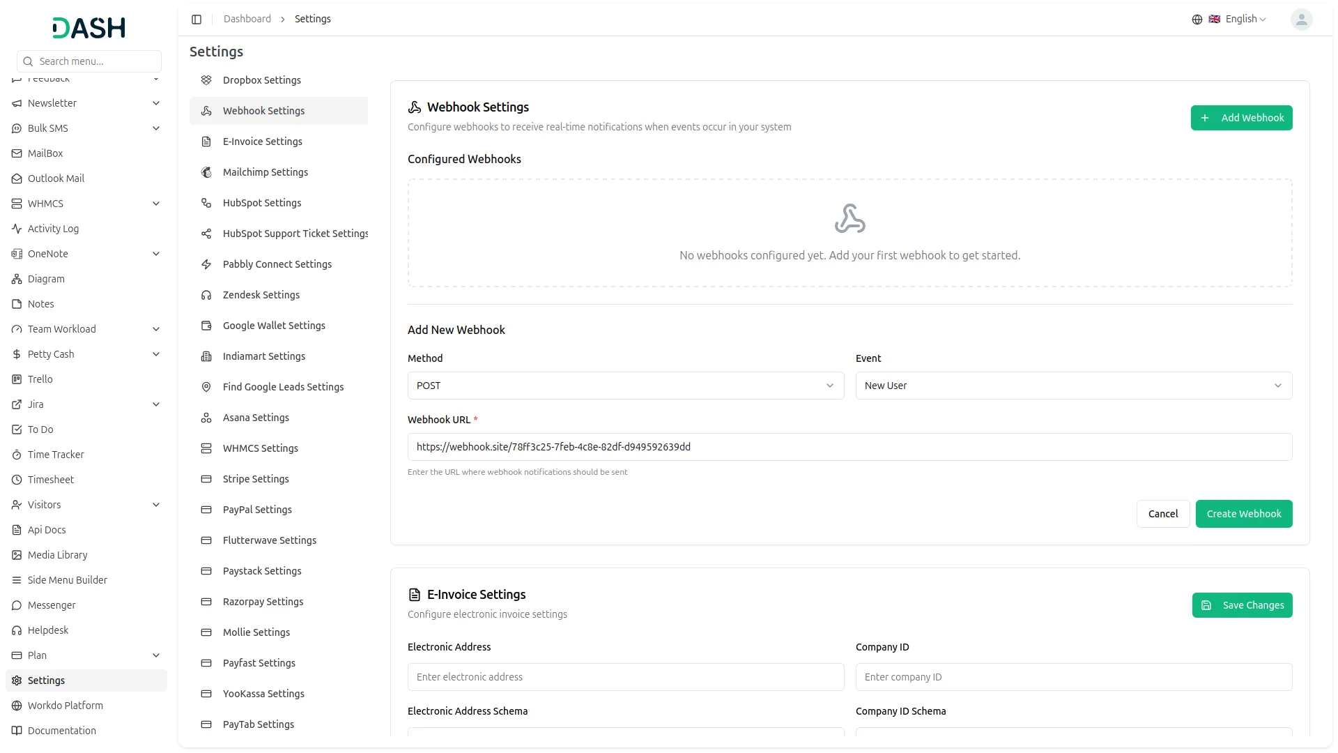Webhook Dash Saas