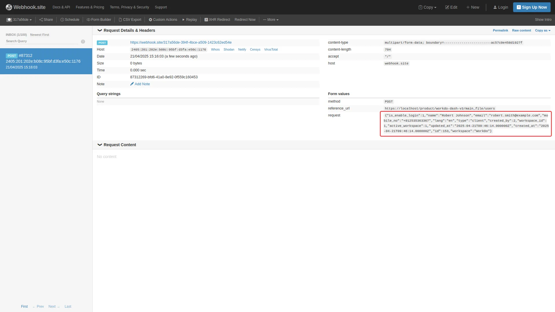 Webhook Dash Saas