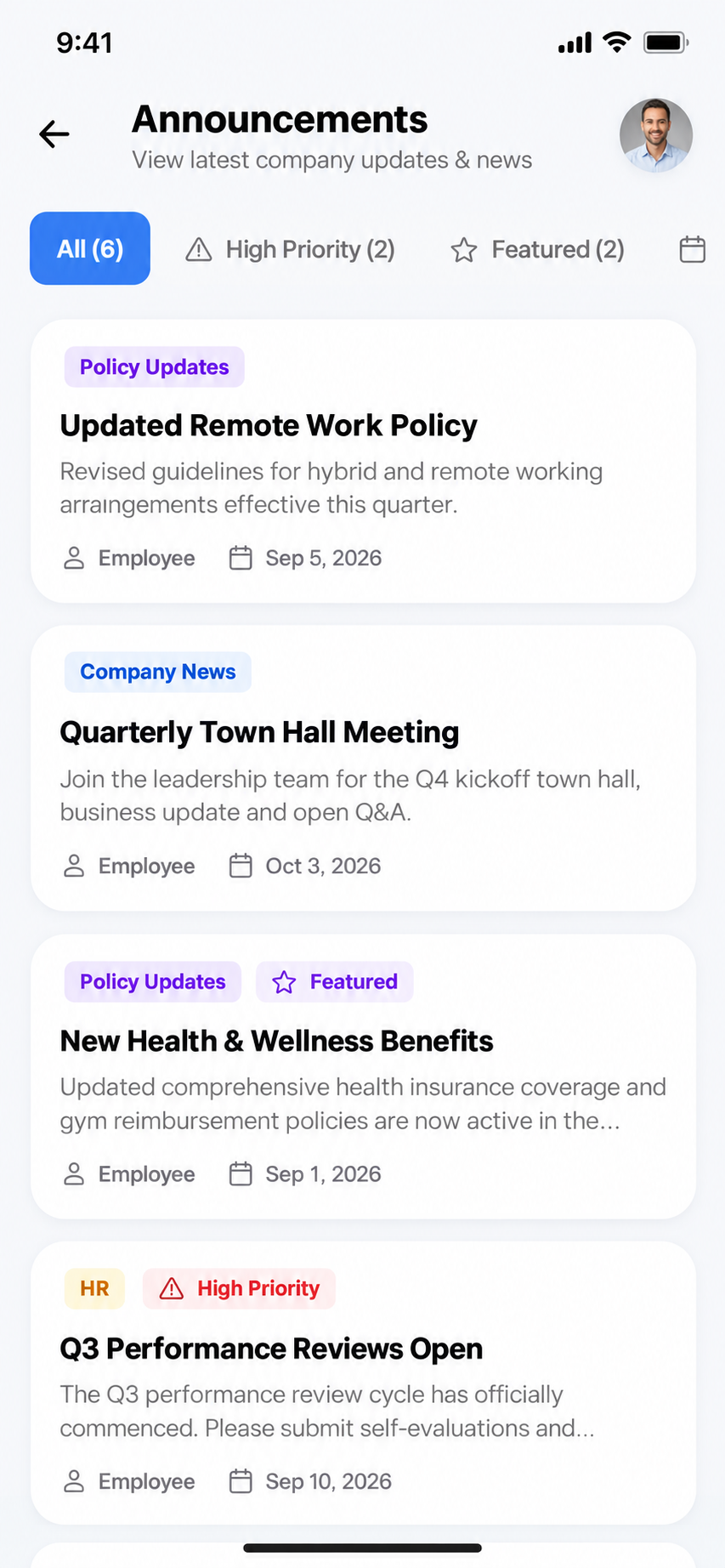 HRM Mobile App announcements with high priority and featured tabs