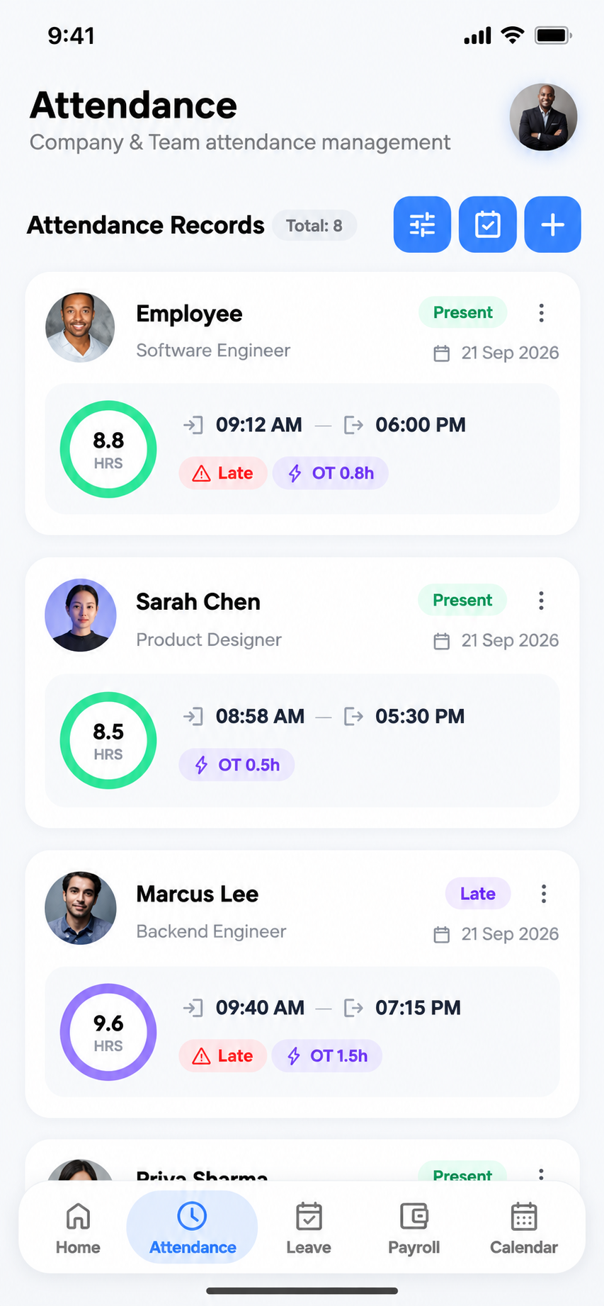 HRM Mobile App attendance records with worked hours and status badges