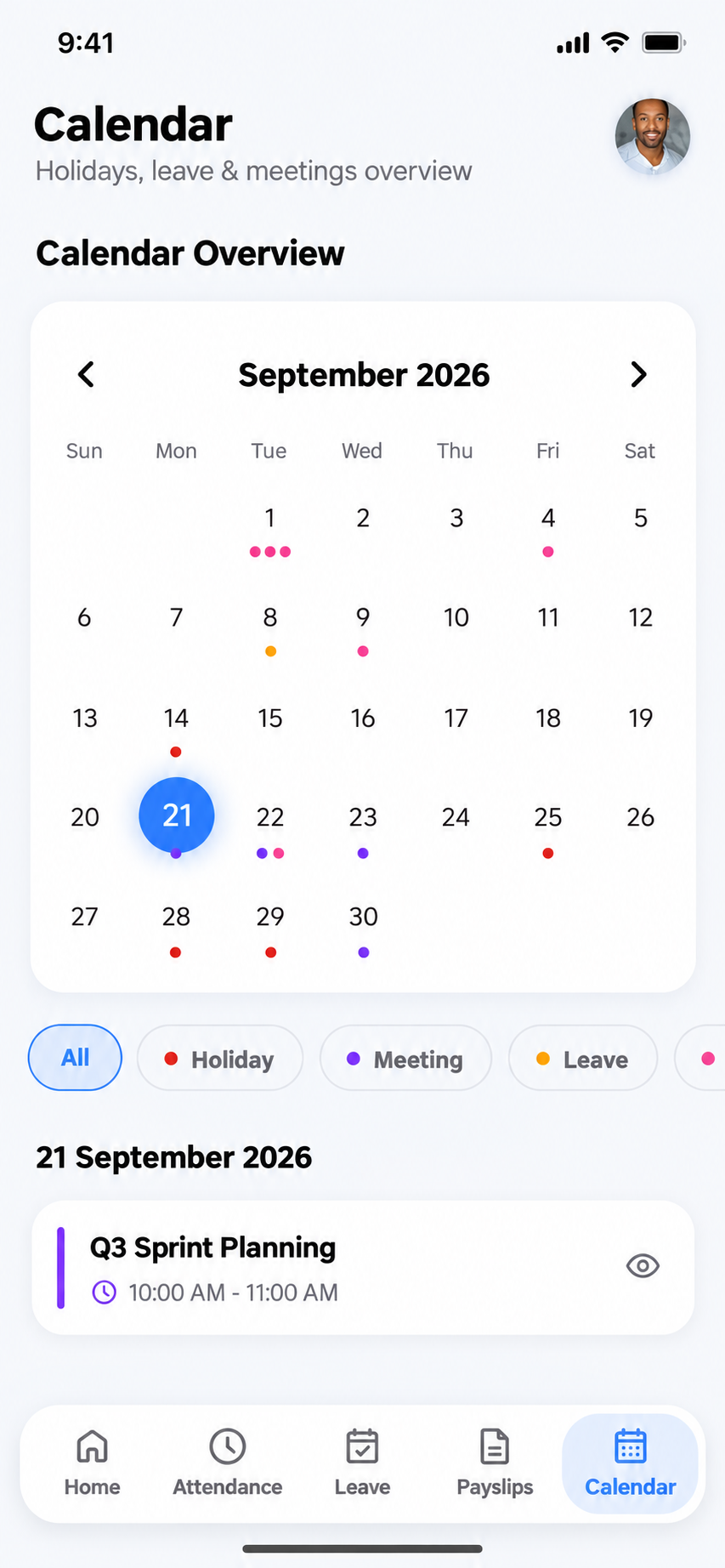 HRM Mobile App calendar with color-coded holidays, meetings, leave and birthdays
