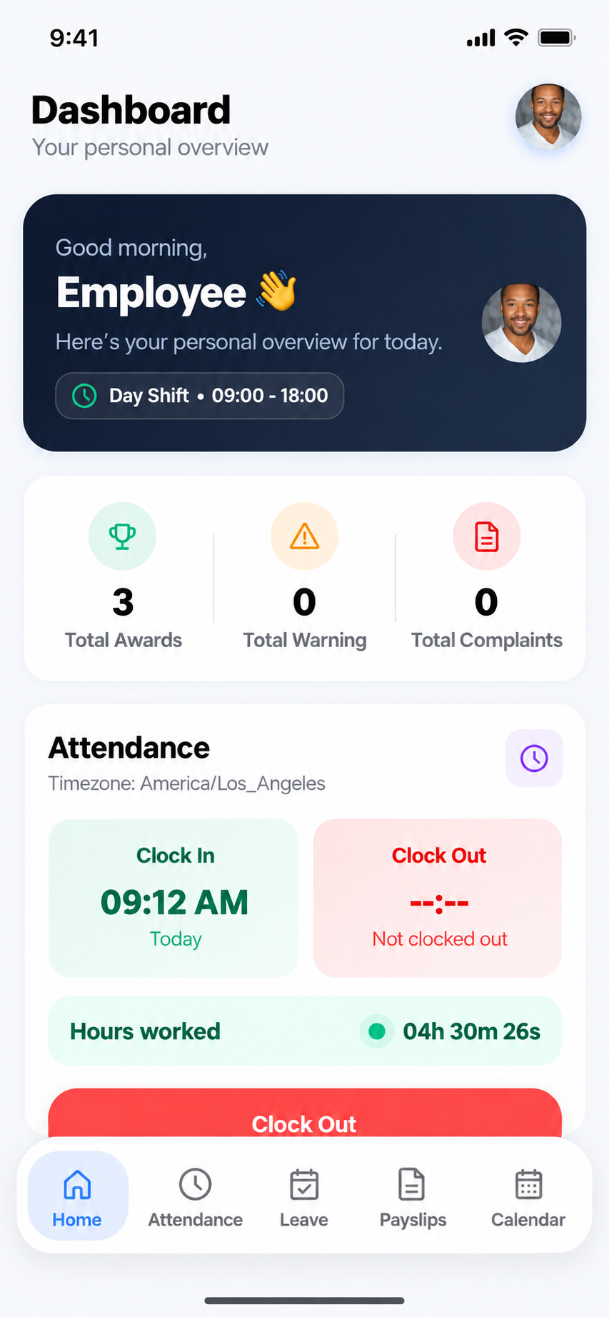 HRM Mobile App employee dashboard with clock in card and live hours