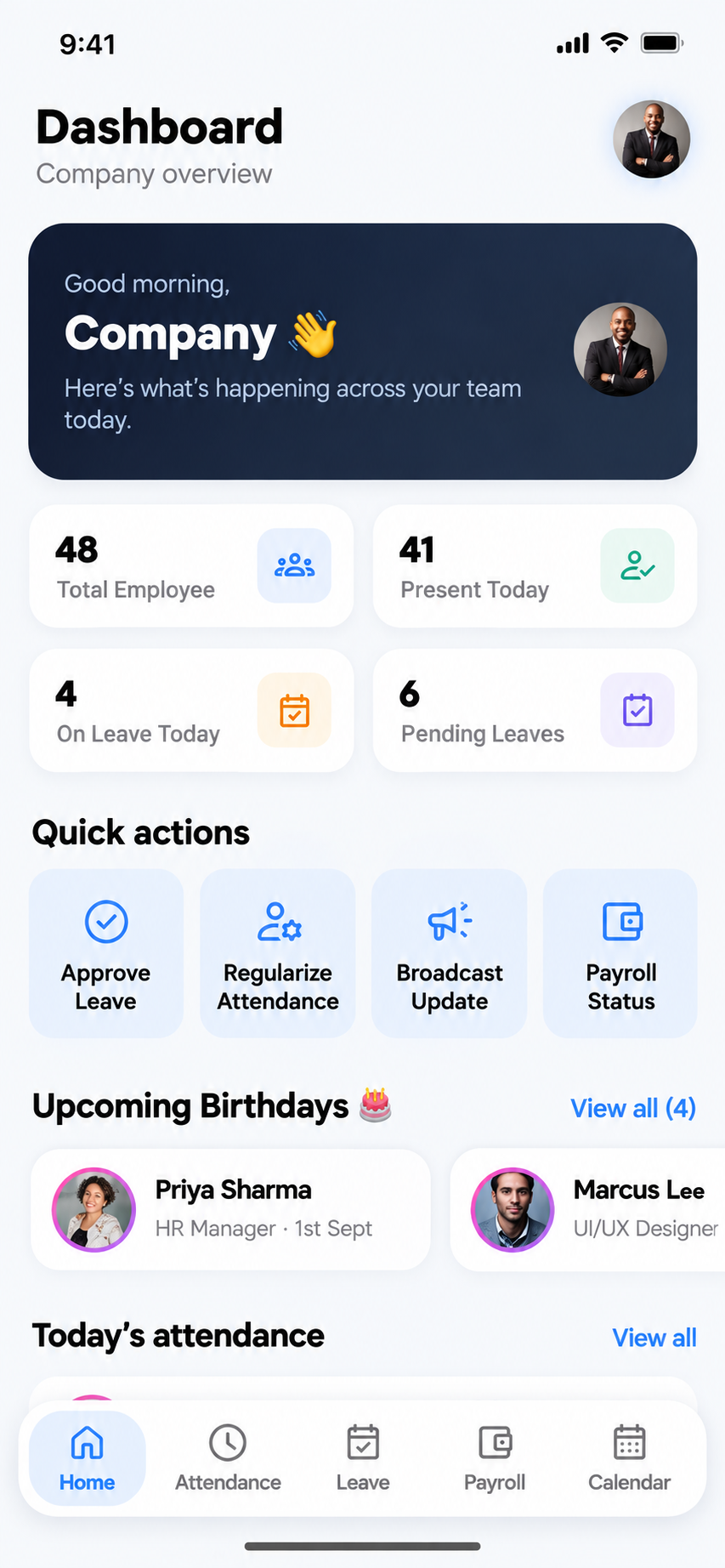 HRM Mobile App manager dashboard with team attendance numbers