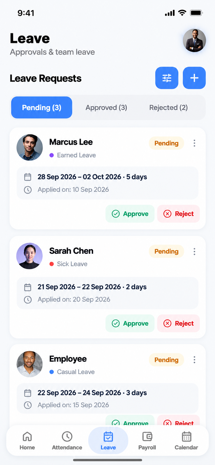 HRM Mobile App leave requests with pending status and approve and reject buttons