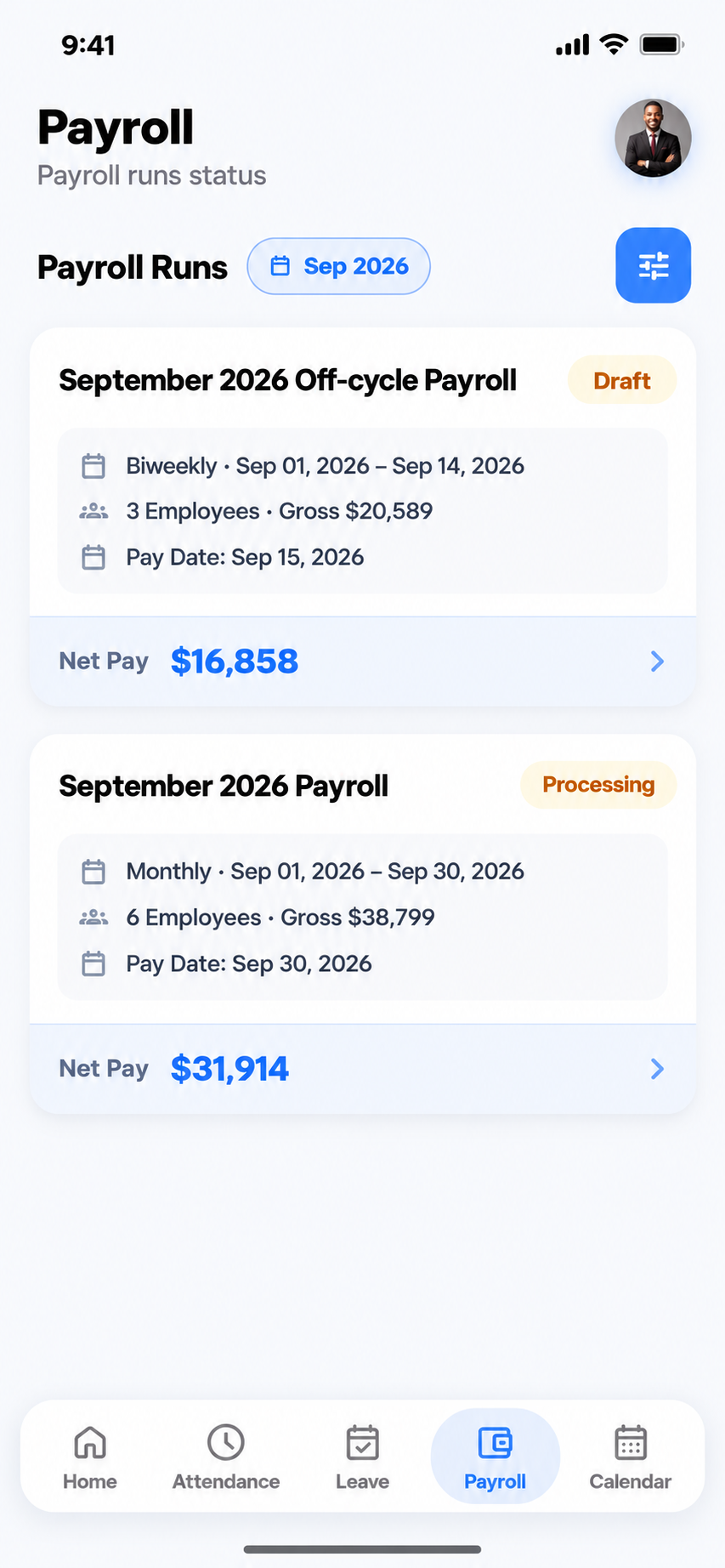 HRM Mobile App payroll run details with gross pay, deductions and net pay