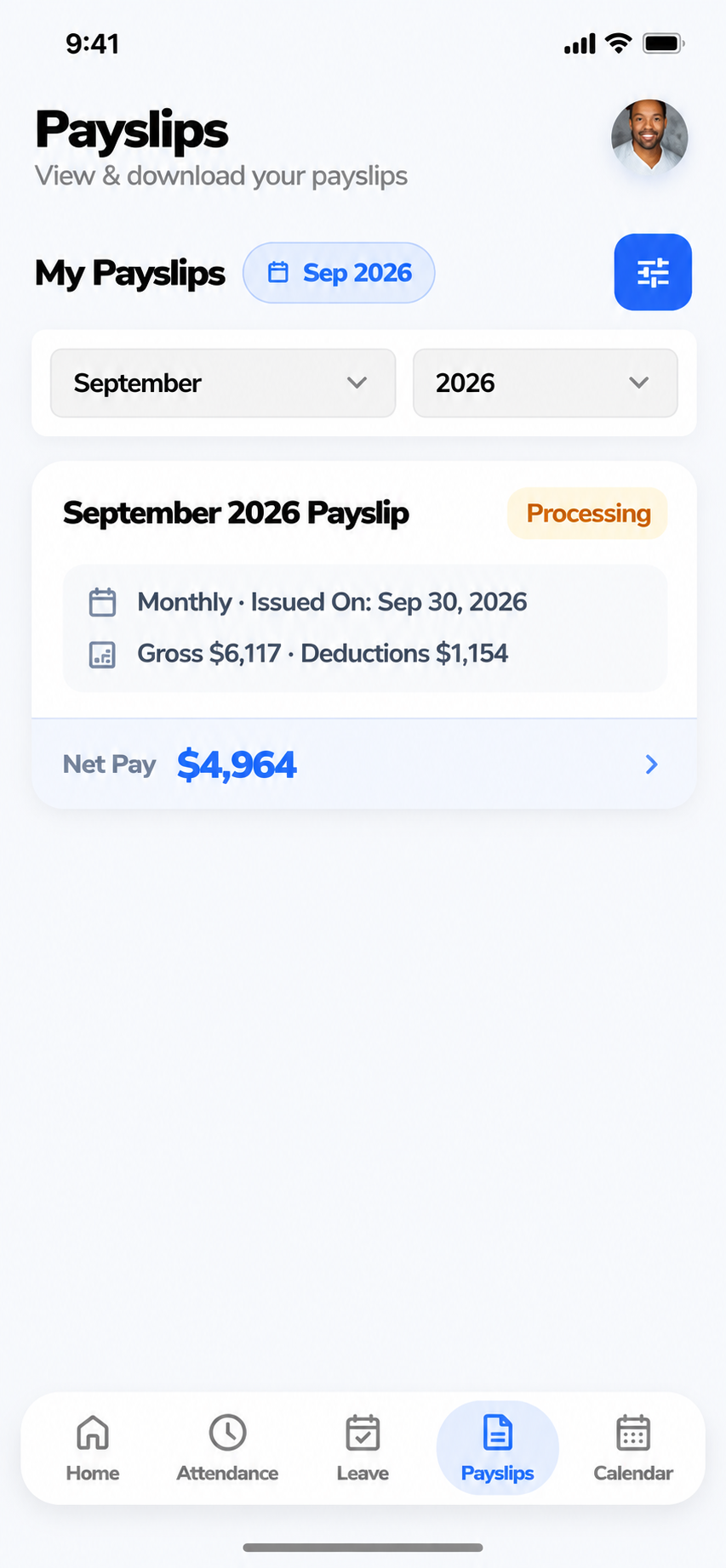 HRM Mobile App employee payslip with earnings, deductions and net pay