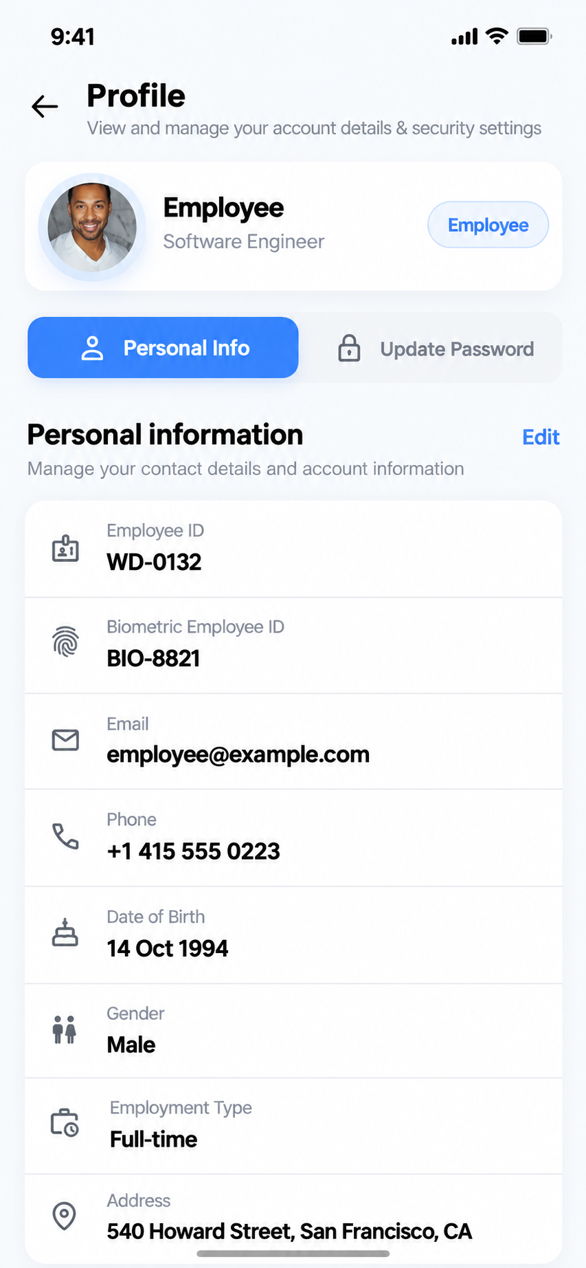 HRM Mobile App profile screen with personal details, password and dark mode