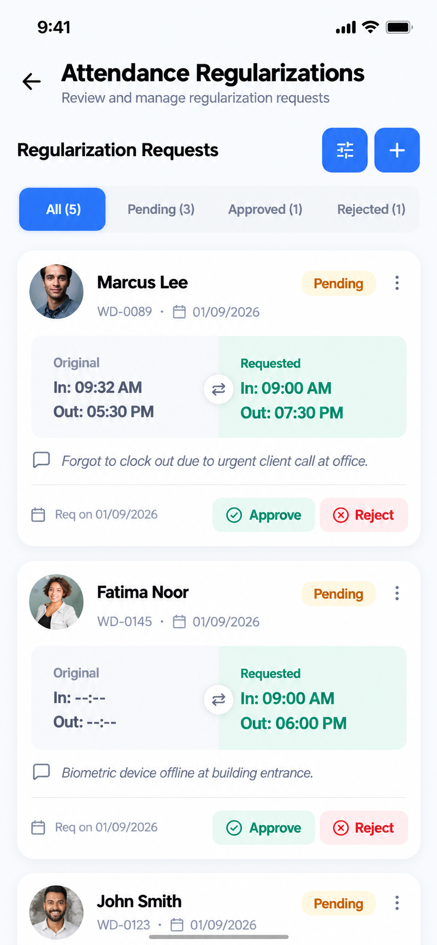HRM Mobile App attendance correction requests with original and requested times